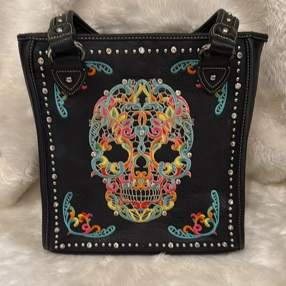 MONTANA WEST Large black Sugar Skull Collection purse. NWOT - Picture 2 of 10